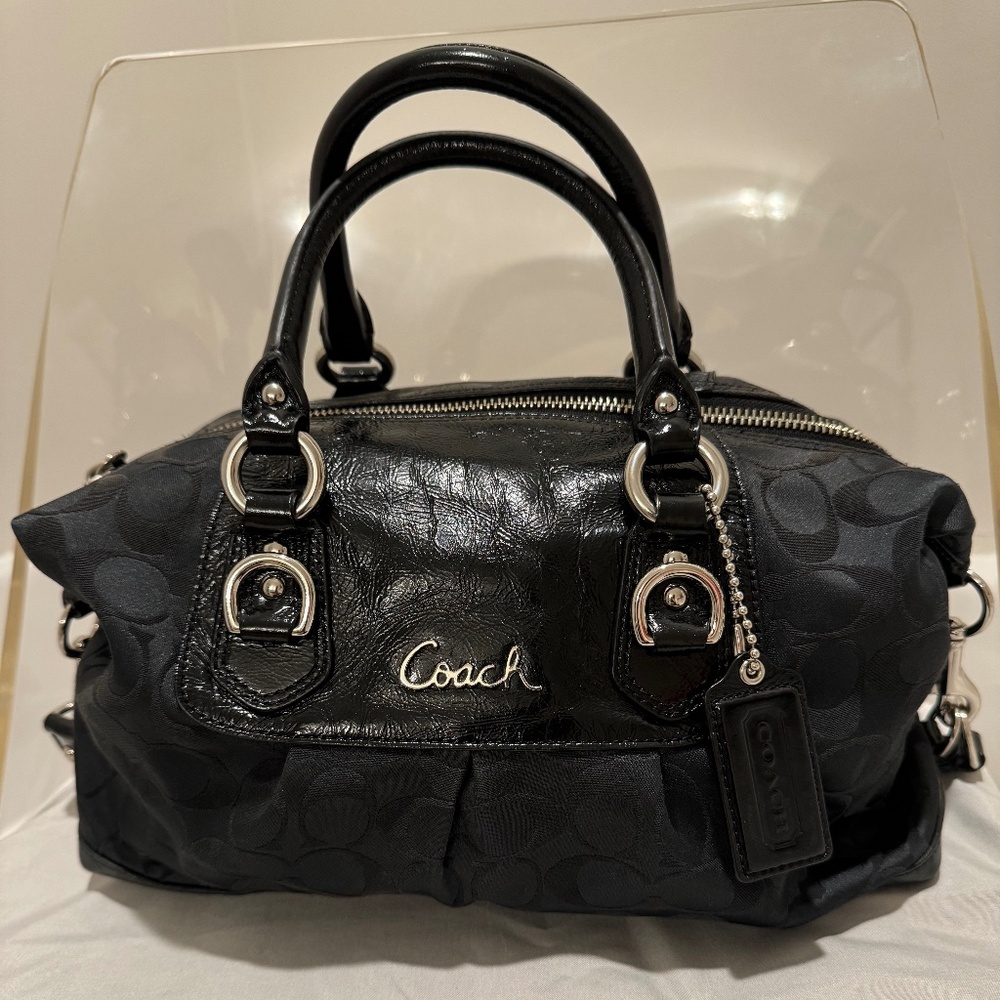 Coach Madison Sabrina Graphic Op Art Black Leather and Signature Canvas